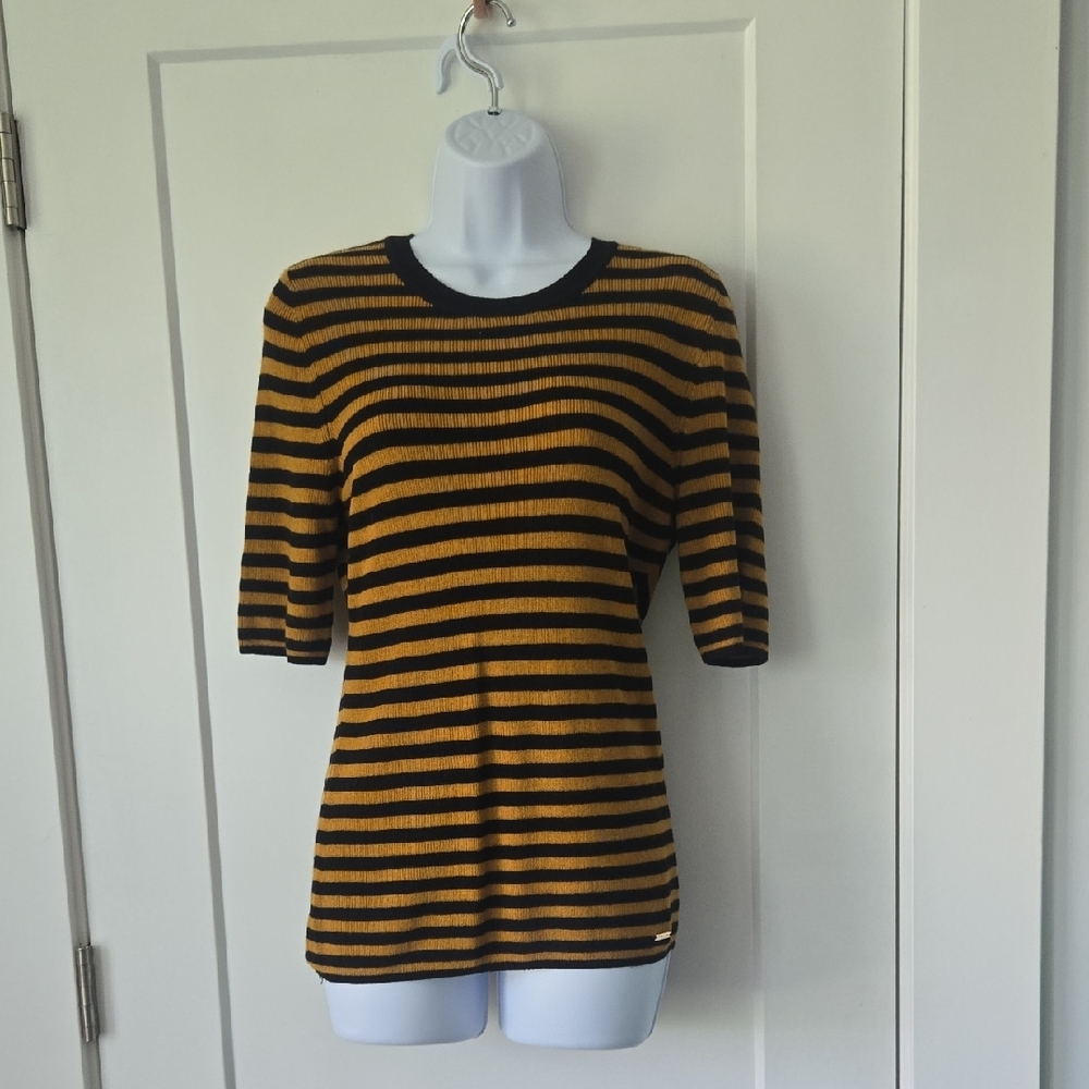 Tahari Black and Mustard‎ Striped Top Cashmere Blend